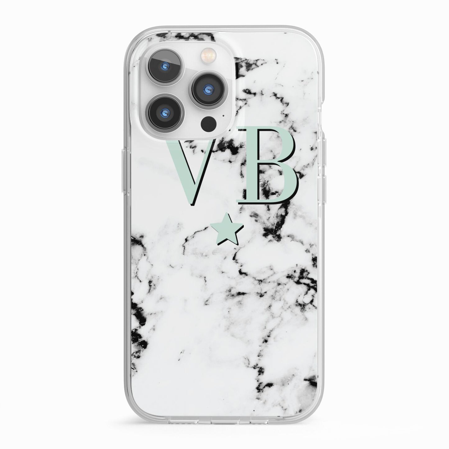 Personalised Mint Star With Monogram Marble iPhone 13 Pro TPU Impact Case with White Edges