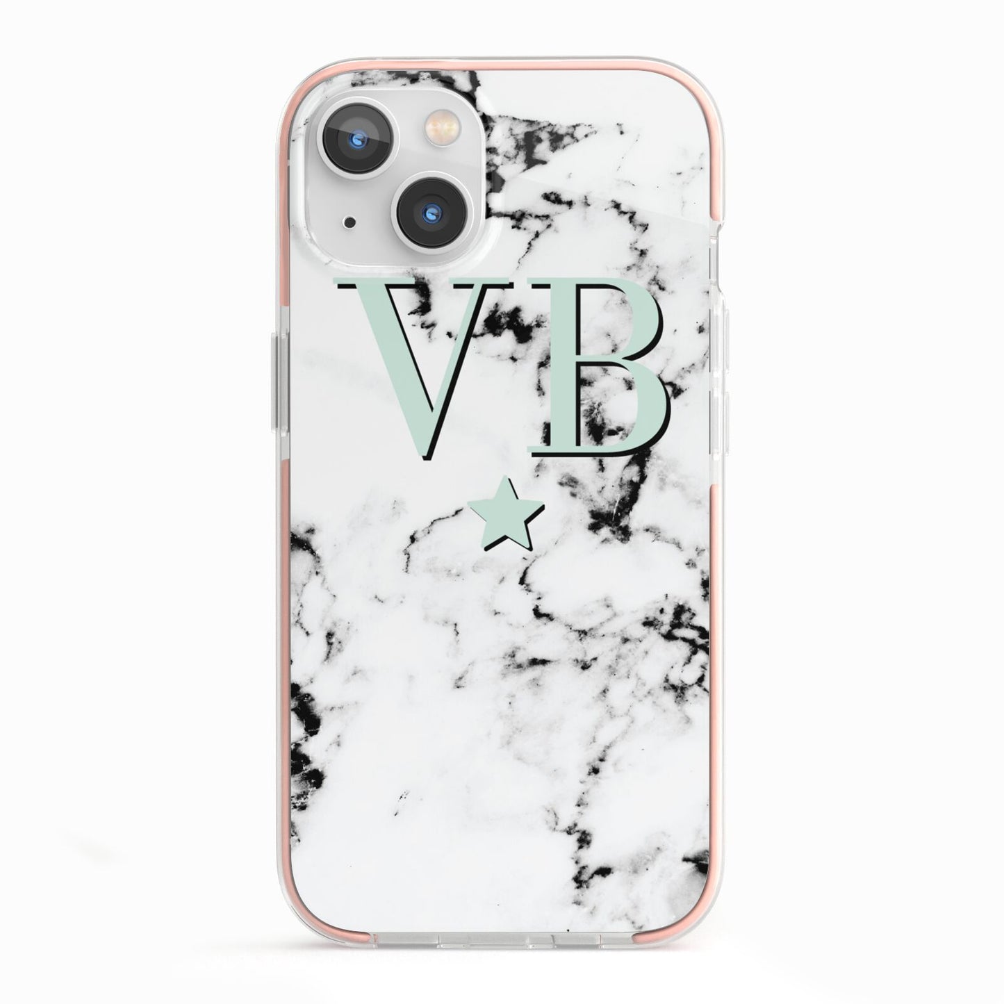 Personalised Mint Star With Monogram Marble iPhone 13 TPU Impact Case with Pink Edges