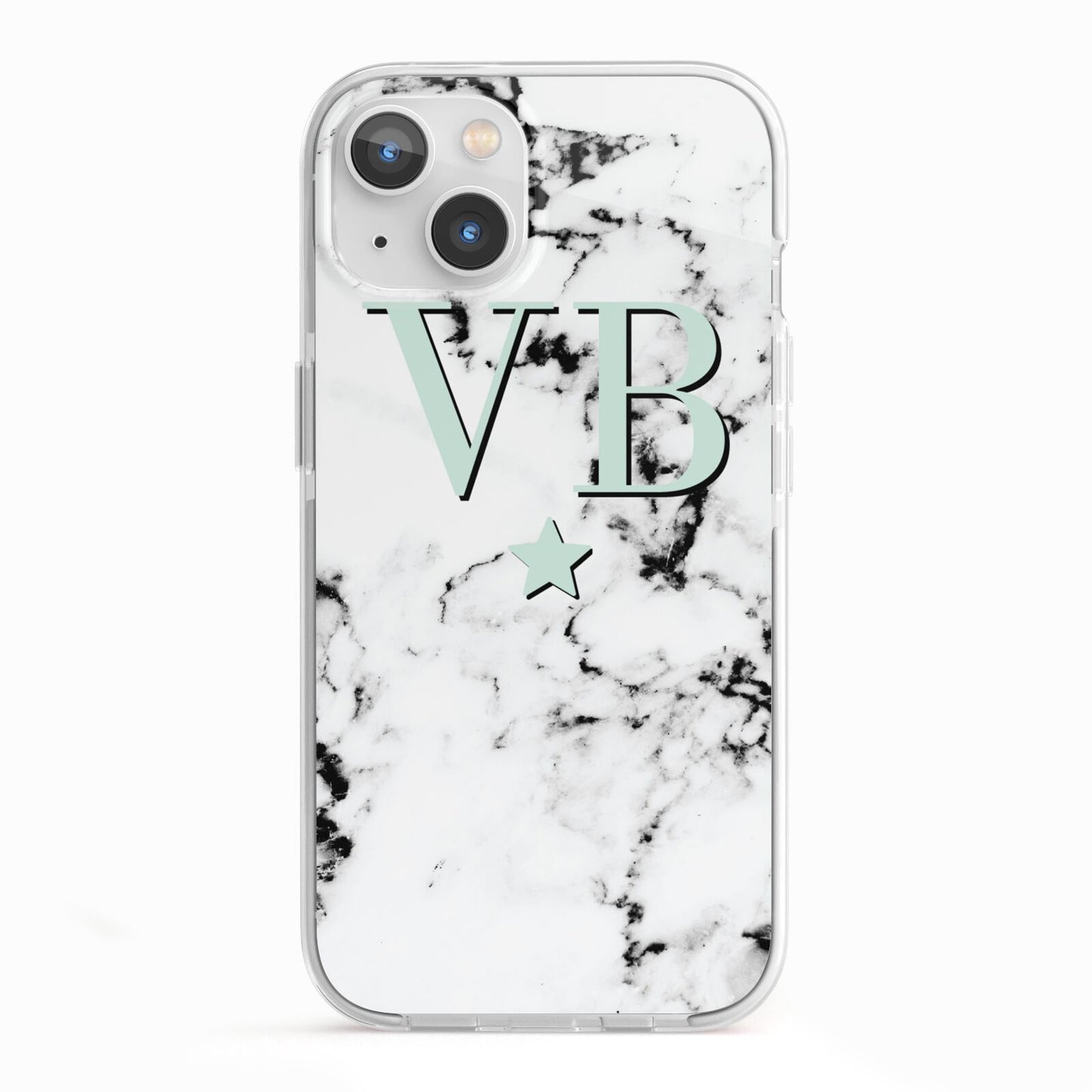 Personalised Mint Star With Monogram Marble iPhone 13 TPU Impact Case with White Edges