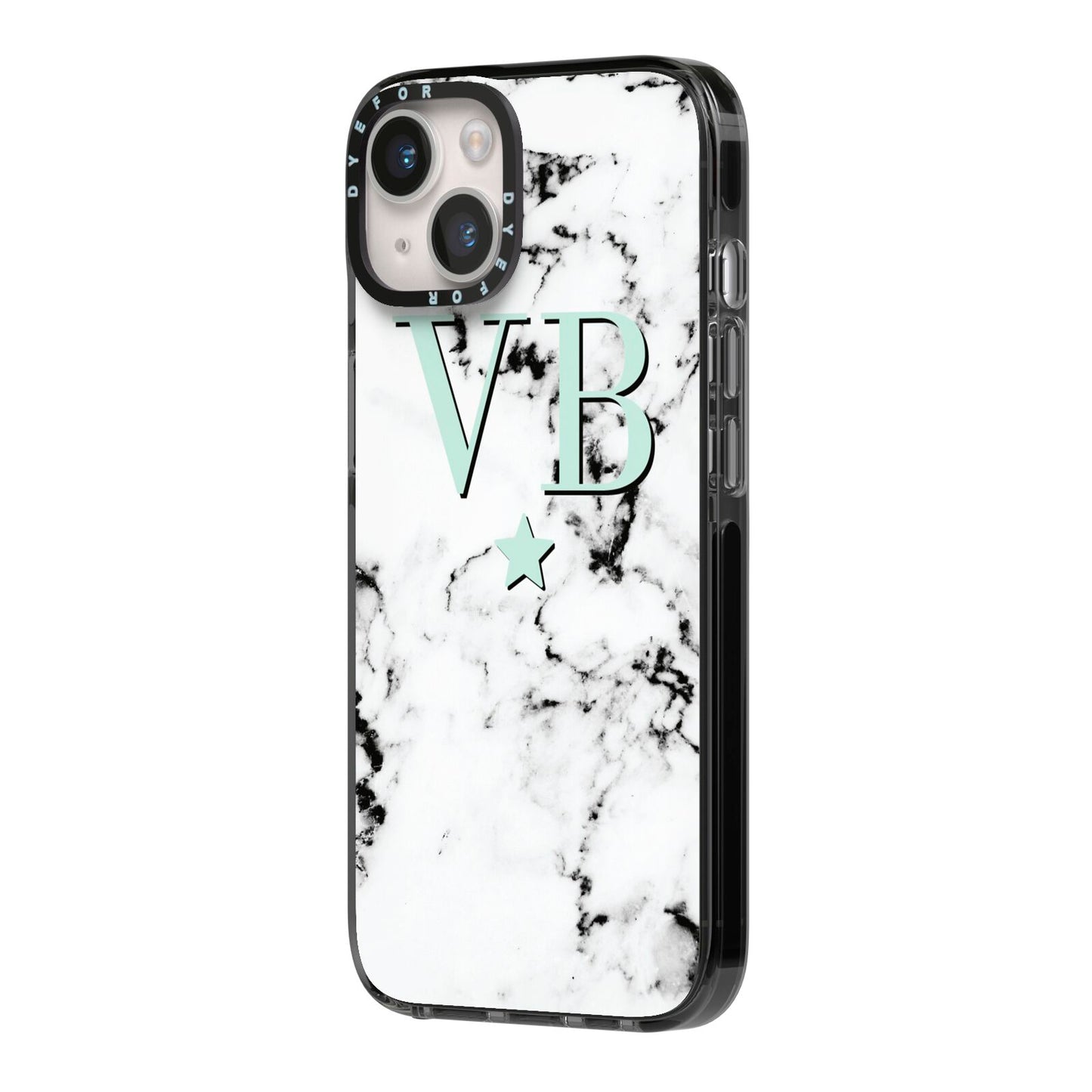 Personalised Mint Star With Monogram Marble iPhone 14 Black Impact Case Side Angle on Silver phone