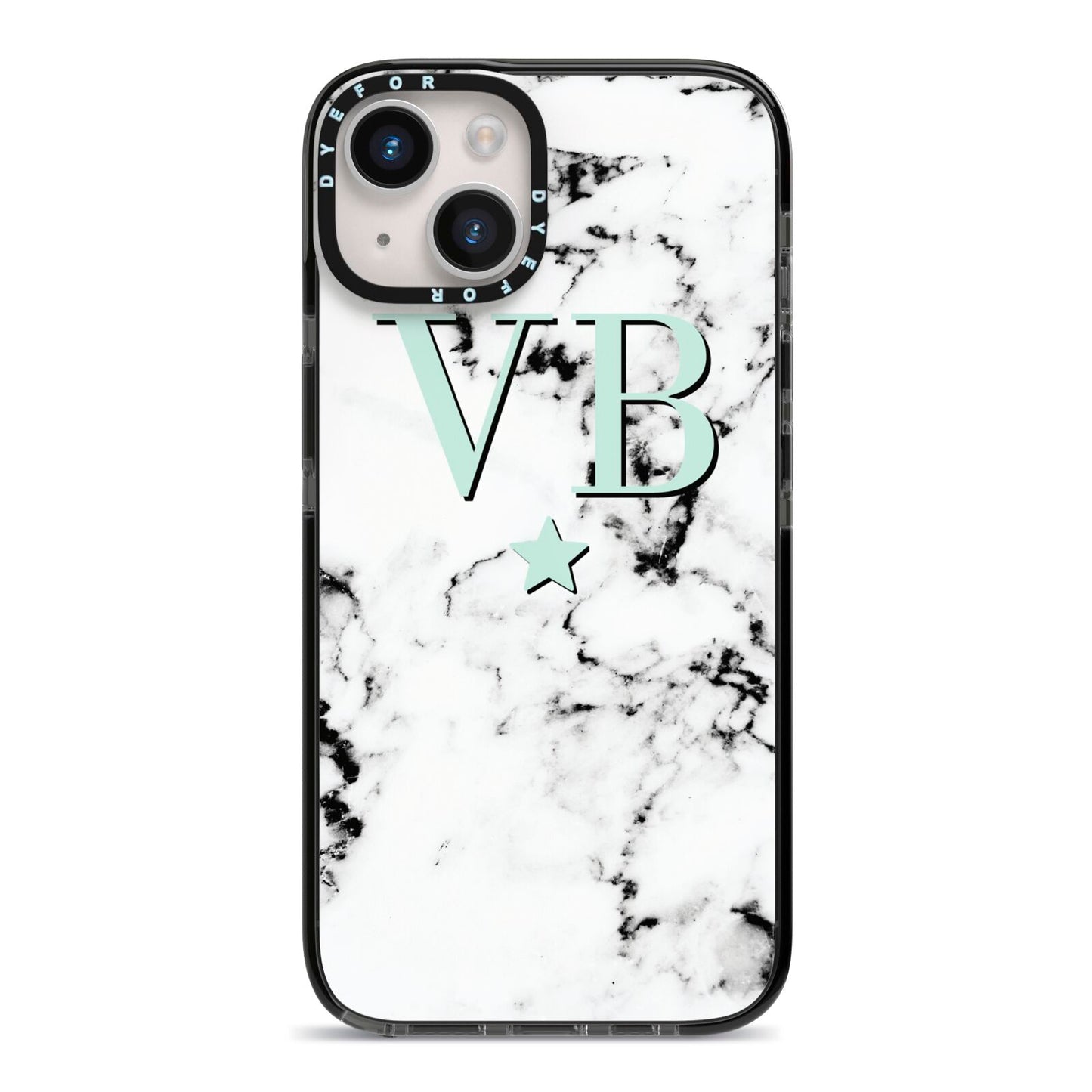 Personalised Mint Star With Monogram Marble iPhone 14 Black Impact Case on Silver phone