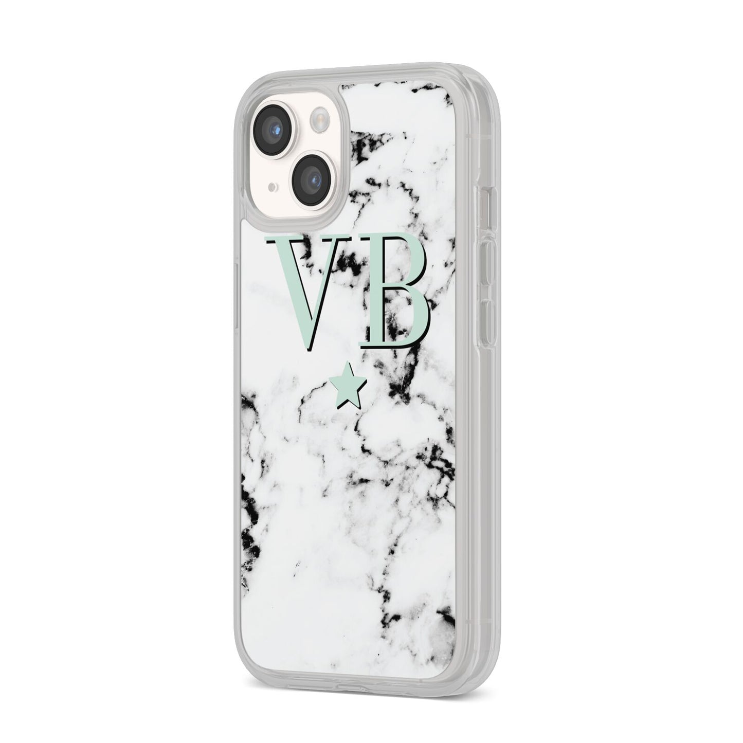 Personalised Mint Star With Monogram Marble iPhone 14 Clear Tough Case Starlight Angled Image