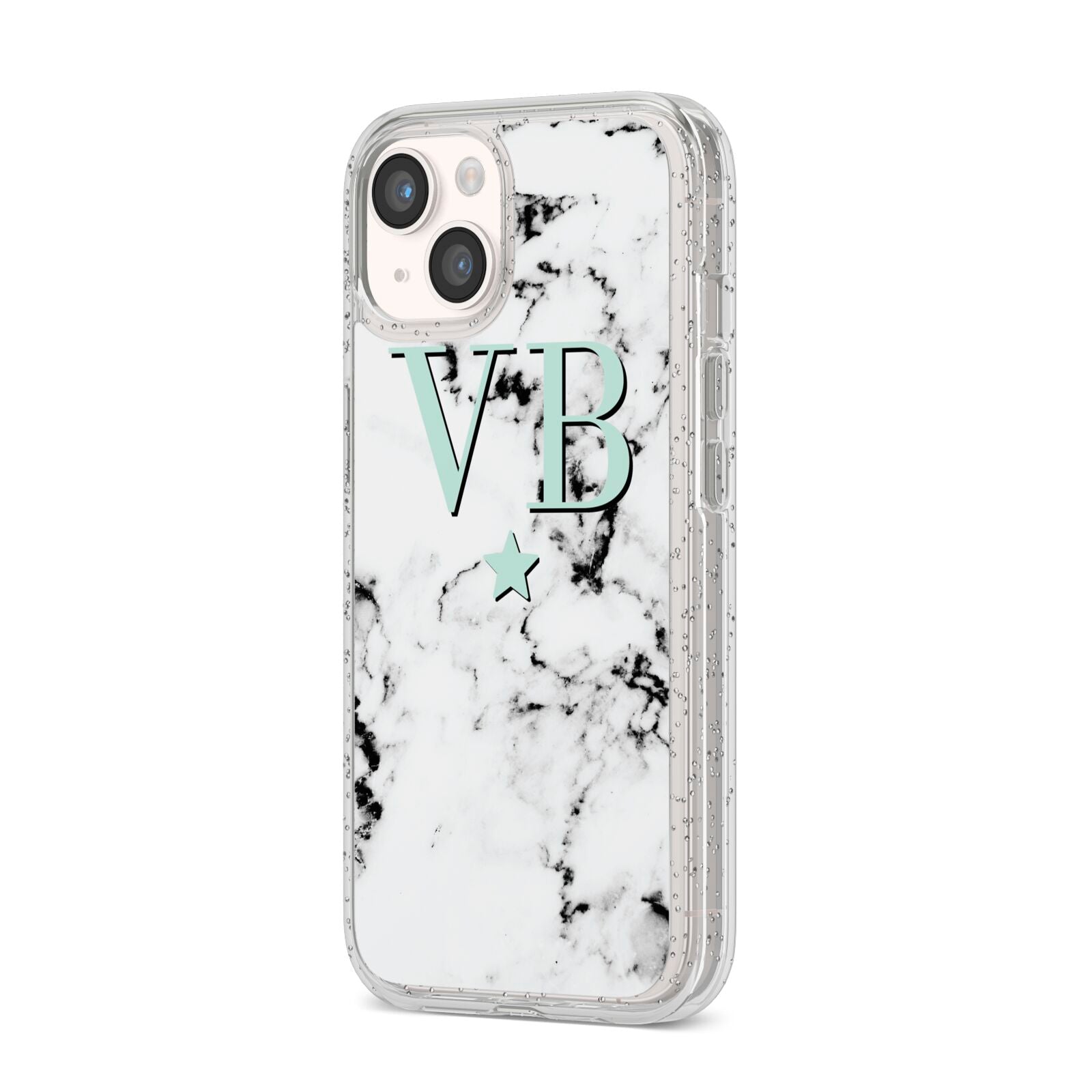 Personalised Mint Star With Monogram Marble iPhone 14 Glitter Tough Case Starlight Angled Image