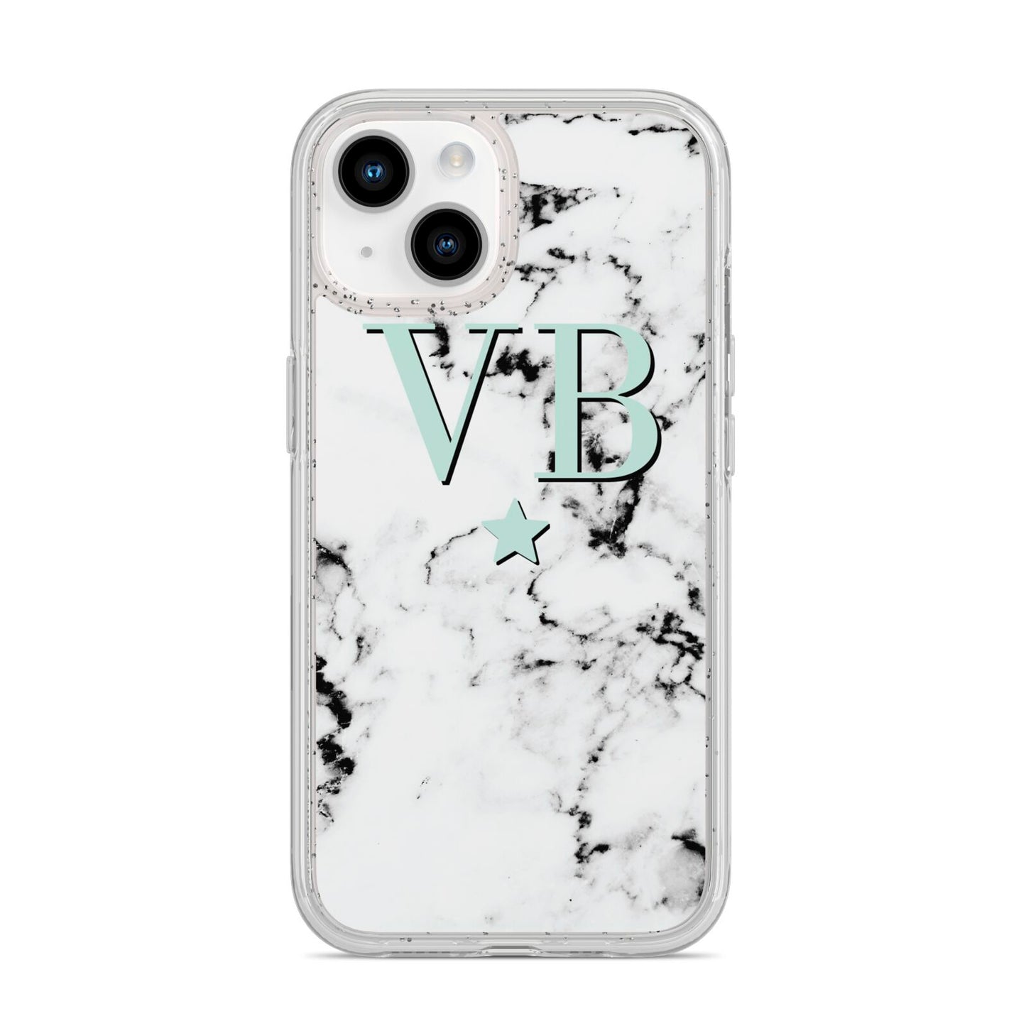 Personalised Mint Star With Monogram Marble iPhone 14 Glitter Tough Case Starlight