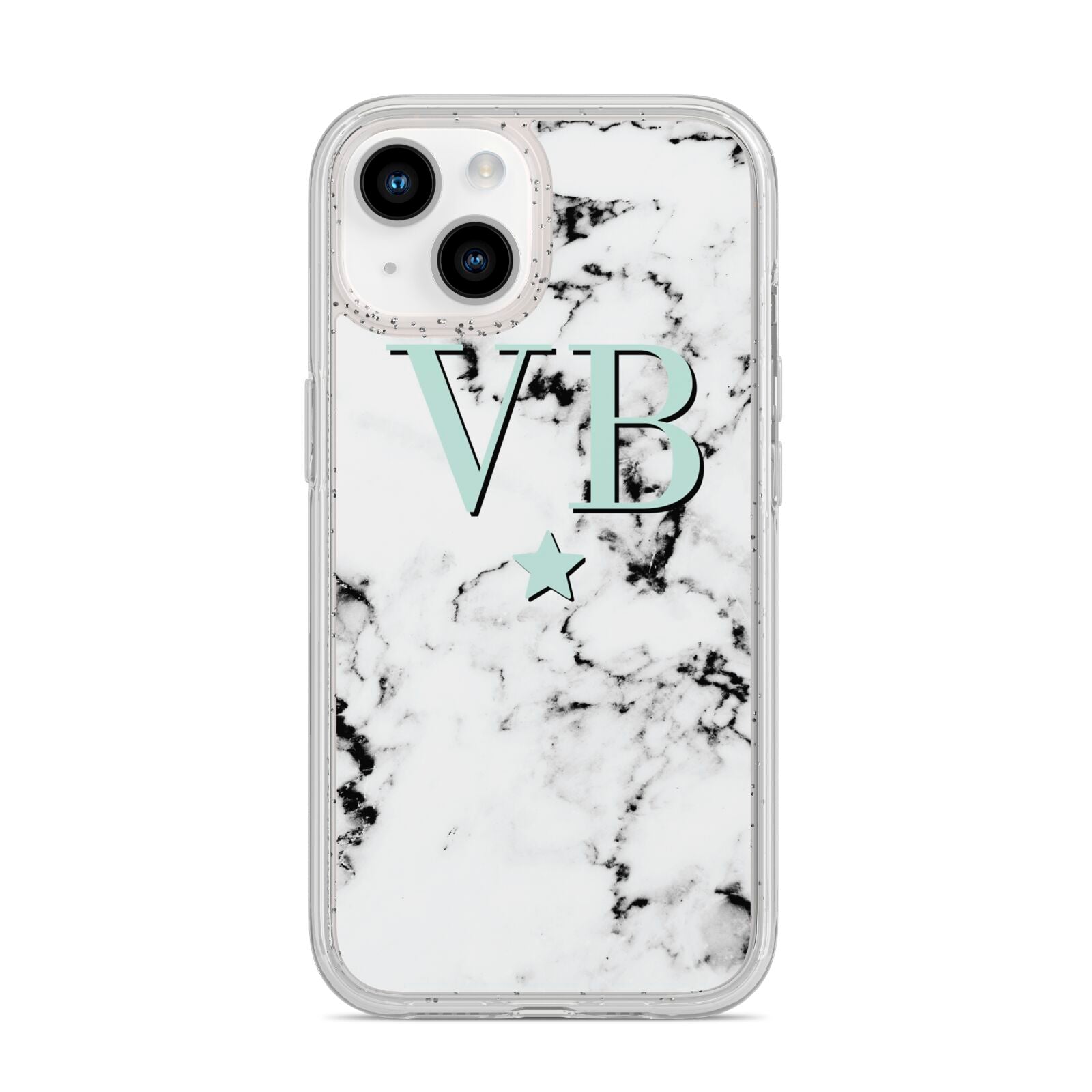 Personalised Mint Star With Monogram Marble iPhone 14 Glitter Tough Case Starlight