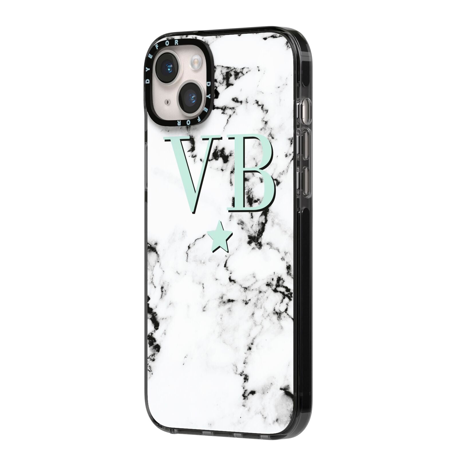 Personalised Mint Star With Monogram Marble iPhone 14 Plus Black Impact Case Side Angle on Silver phone