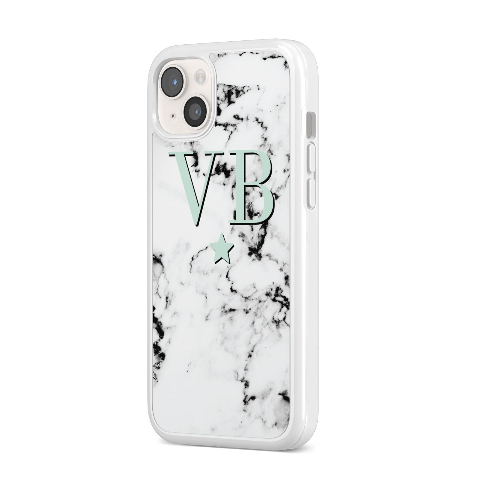 Personalised Mint Star With Monogram Marble iPhone 14 Plus Clear Tough Case Starlight Angled Image