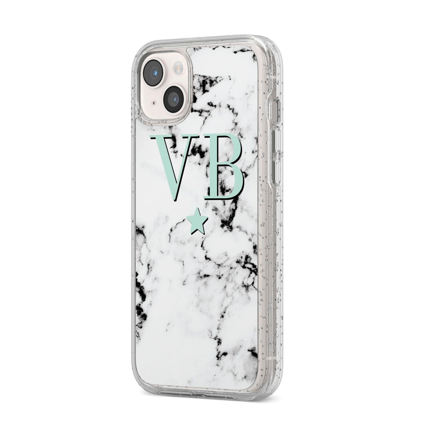 Personalised Mint Star With Monogram Marble iPhone 14 Plus Glitter Tough Case Starlight Angled Image