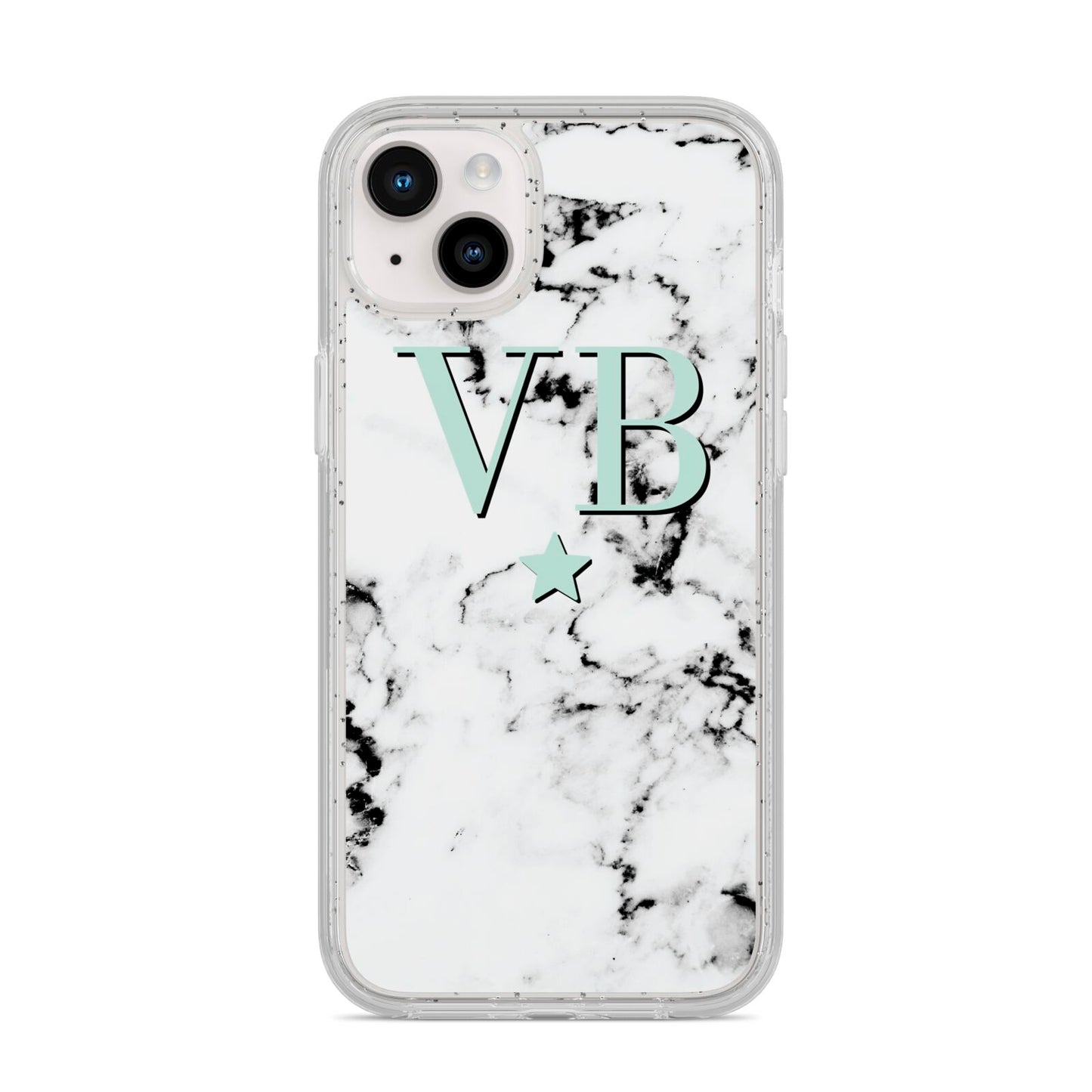 Personalised Mint Star With Monogram Marble iPhone 14 Plus Glitter Tough Case Starlight