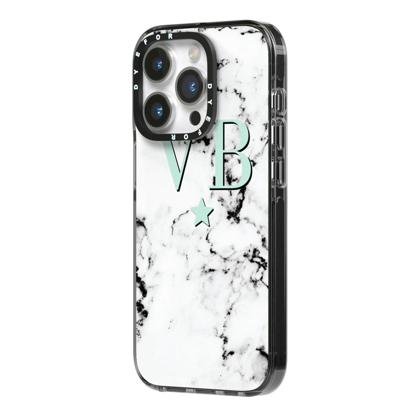 Personalised Mint Star With Monogram Marble iPhone 14 Pro Black Impact Case Side Angle on Silver phone