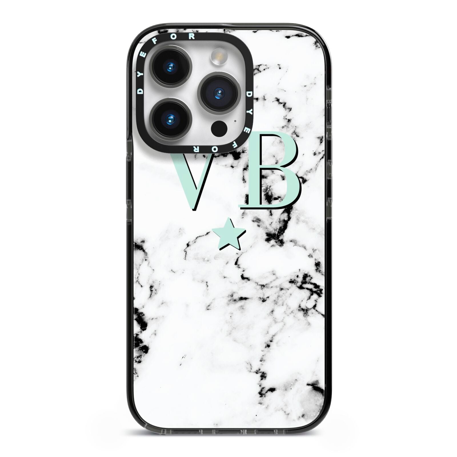 Personalised Mint Star With Monogram Marble iPhone 14 Pro Black Impact Case on Silver phone