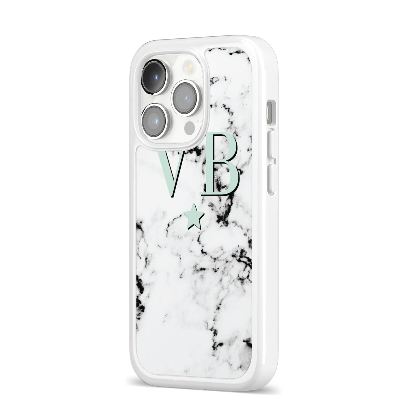 Personalised Mint Star With Monogram Marble iPhone 14 Pro Clear Tough Case Silver Angled Image