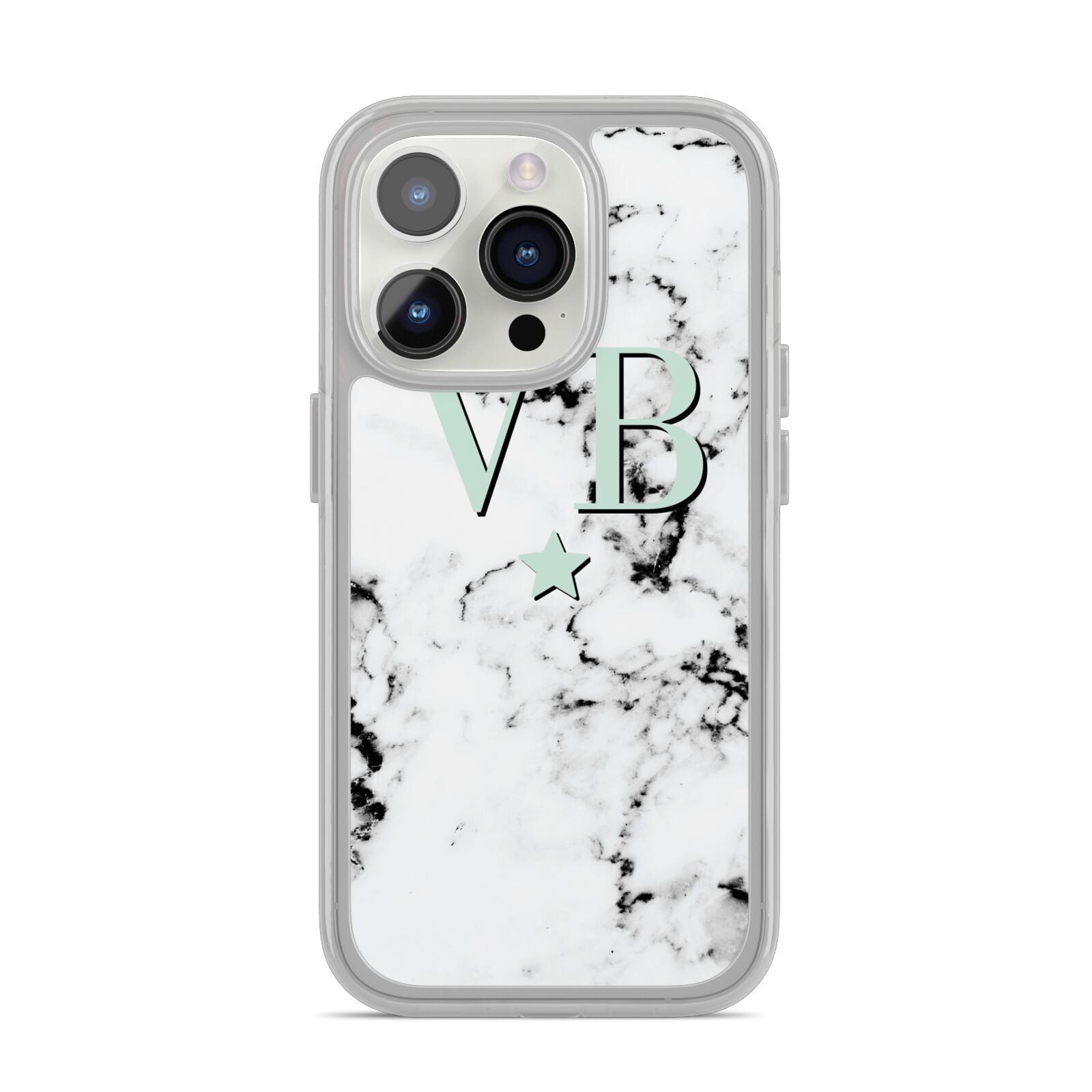 Personalised Mint Star With Monogram Marble iPhone 14 Pro Clear Tough Case Silver