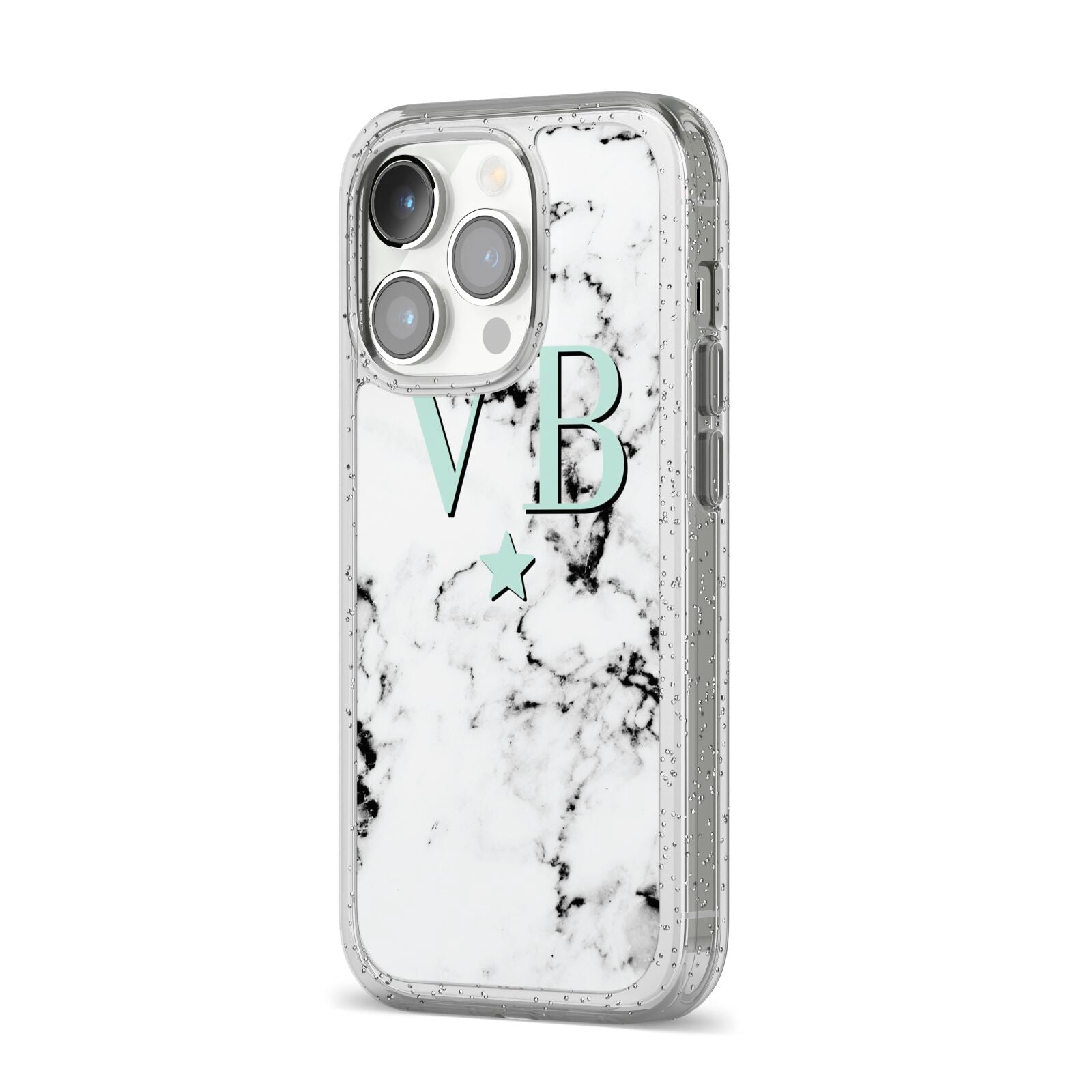 Personalised Mint Star With Monogram Marble iPhone 14 Pro Glitter Tough Case Silver Angled Image