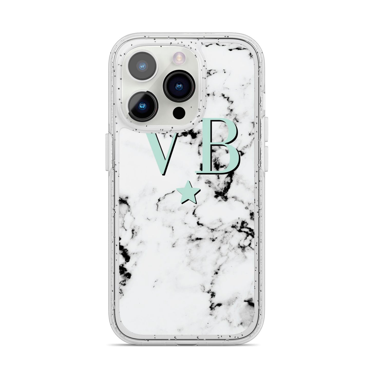 Personalised Mint Star With Monogram Marble iPhone 14 Pro Glitter Tough Case Silver