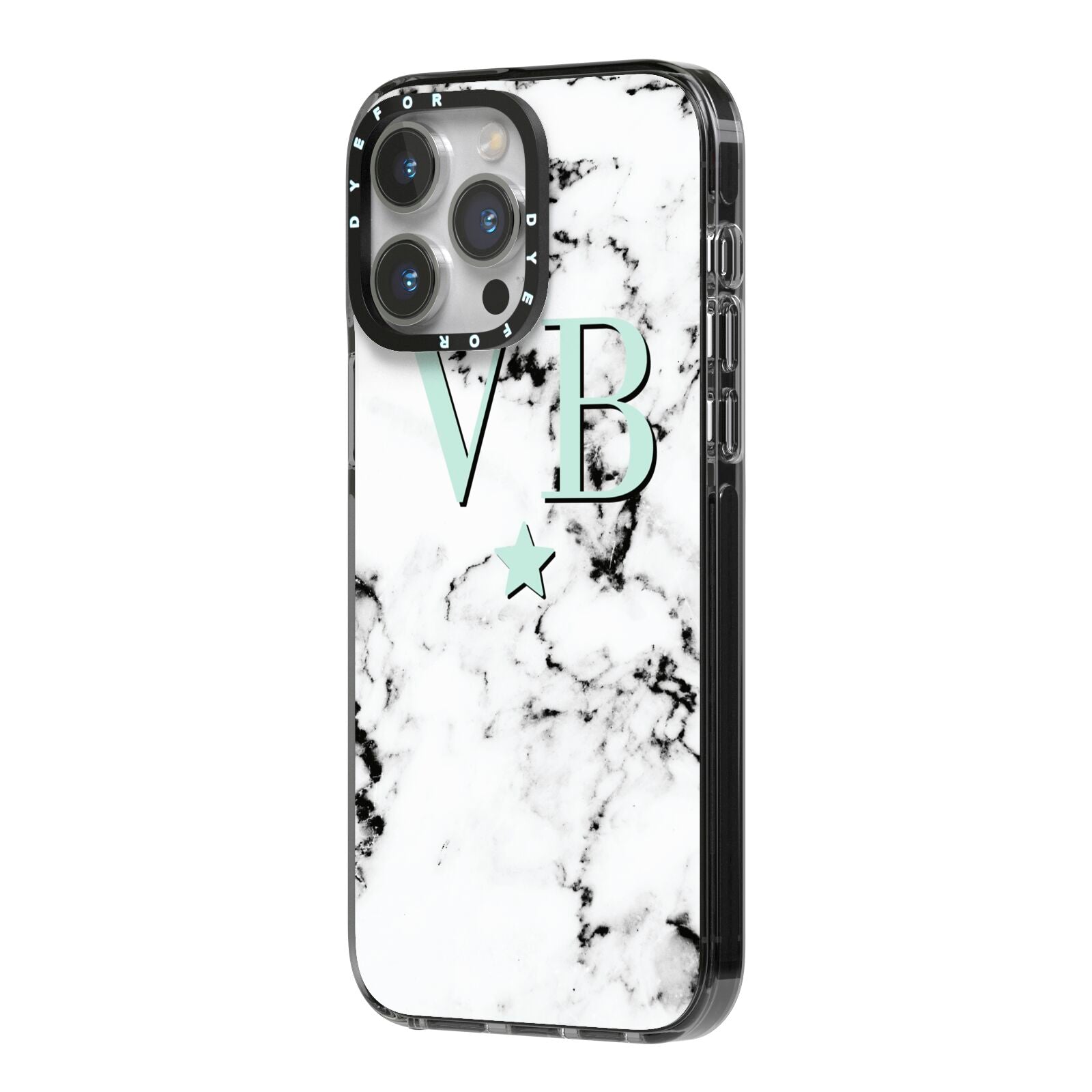 Personalised Mint Star With Monogram Marble iPhone 14 Pro Max Black Impact Case Side Angle on Silver phone