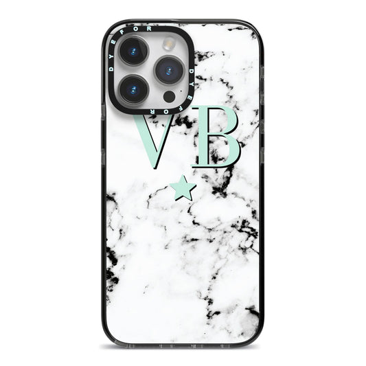 Personalised Mint Star With Monogram Marble iPhone 14 Pro Max Black Impact Case on Silver phone