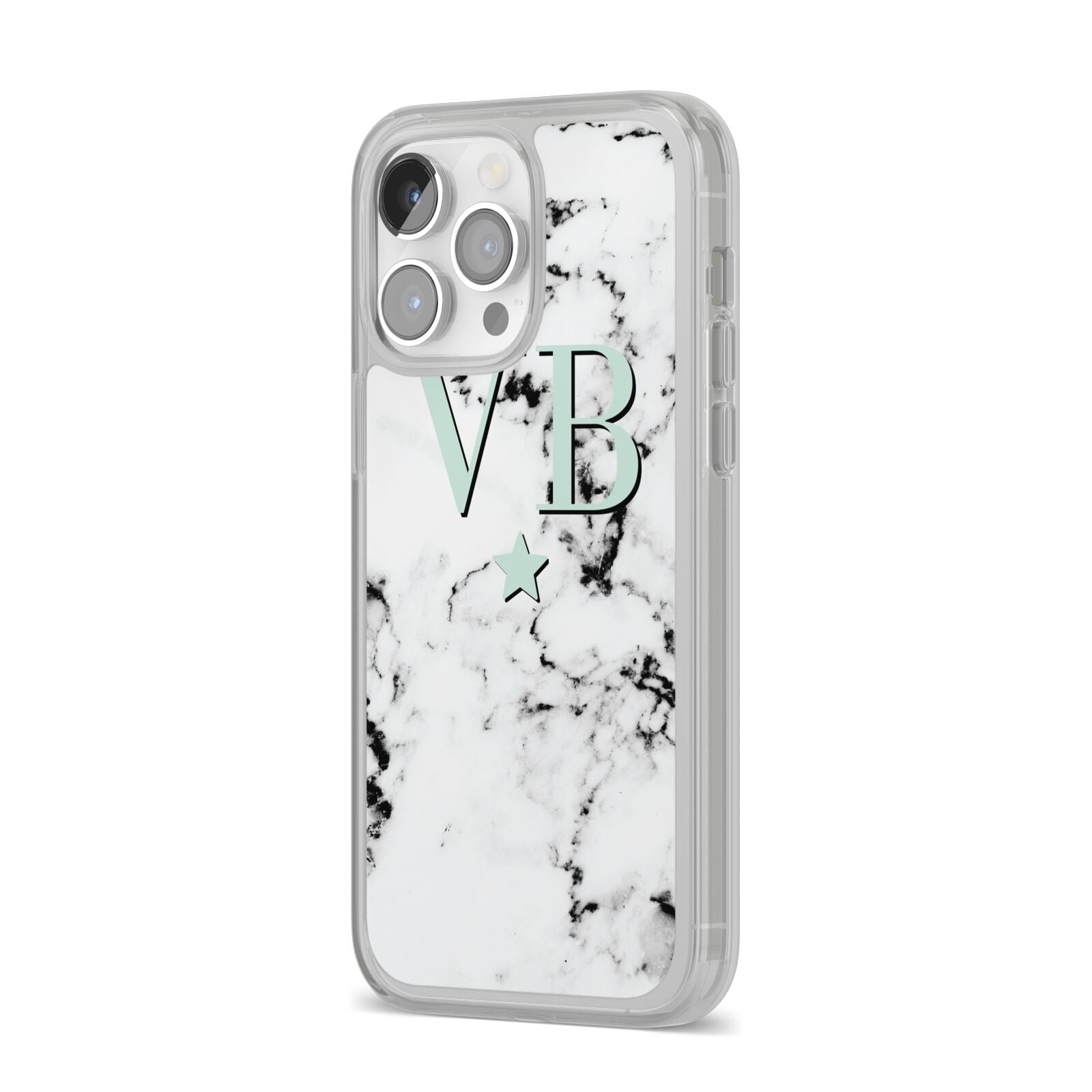 Personalised Mint Star With Monogram Marble iPhone 14 Pro Max Clear Tough Case Silver Angled Image