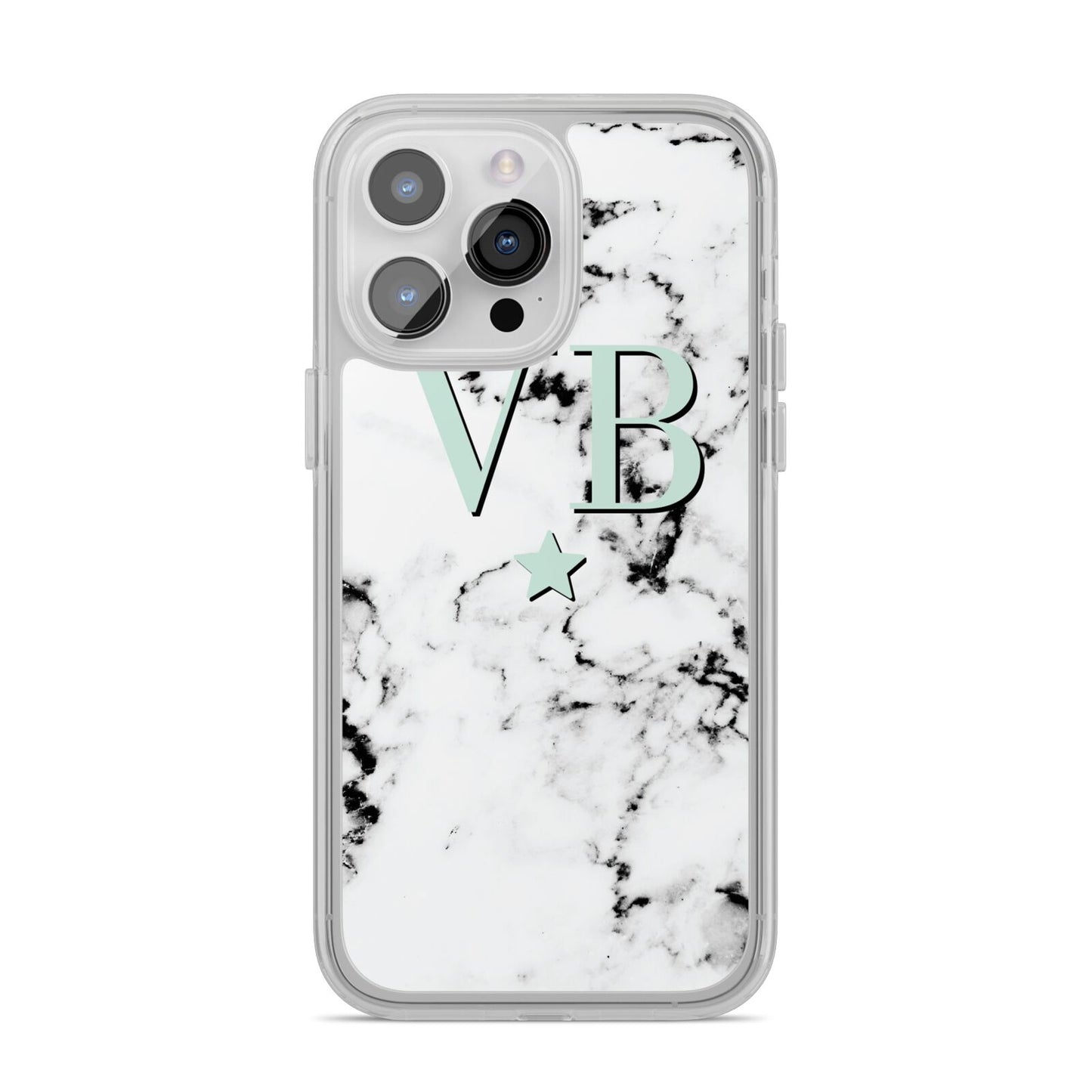 Personalised Mint Star With Monogram Marble iPhone 14 Pro Max Clear Tough Case Silver