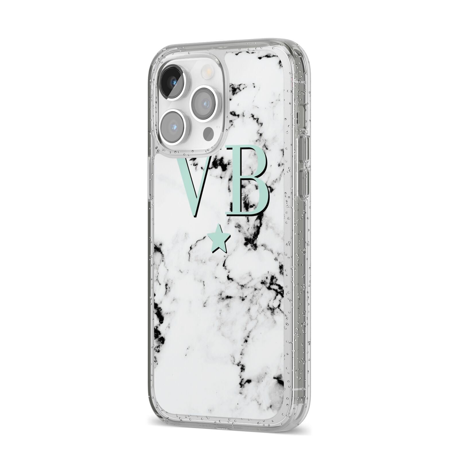 Personalised Mint Star With Monogram Marble iPhone 14 Pro Max Glitter Tough Case Silver Angled Image