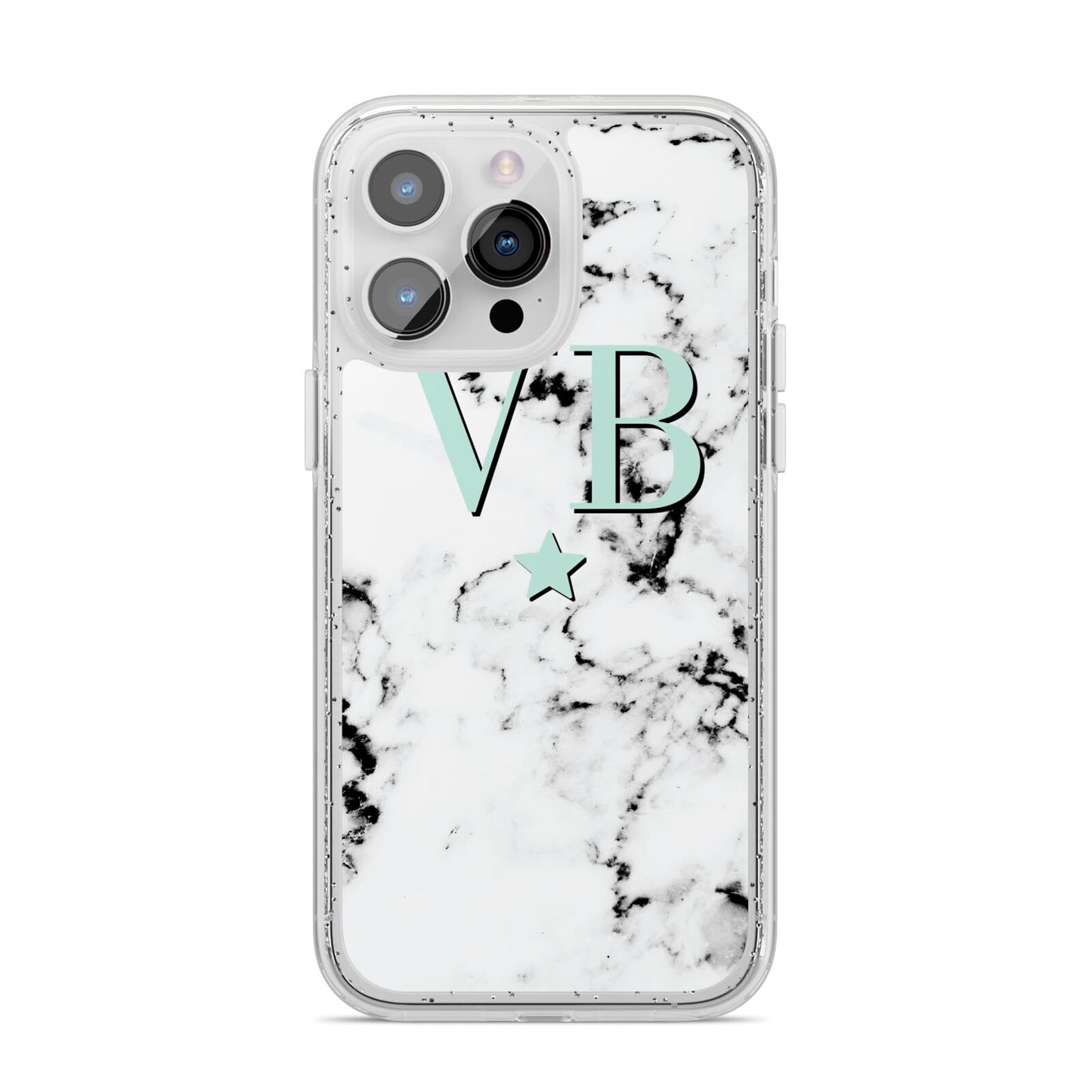 Personalised Mint Star With Monogram Marble iPhone 14 Pro Max Glitter Tough Case Silver