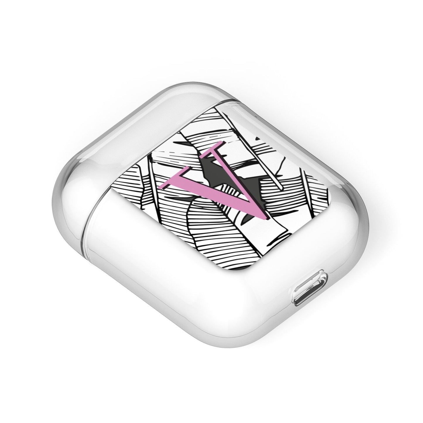 Personalised Monochrome Monstera Pink Initial AirPods Case Laid Flat