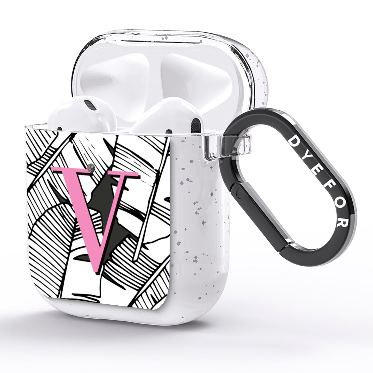 Personalised Monochrome Monstera Pink Initial AirPods Glitter Case Side Image