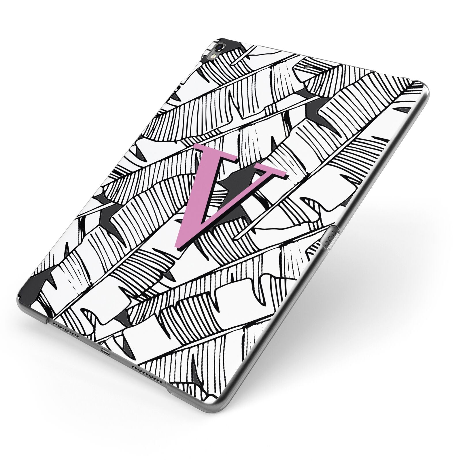 Personalised Monochrome Monstera Pink Initial Apple iPad Case on Grey iPad Side View