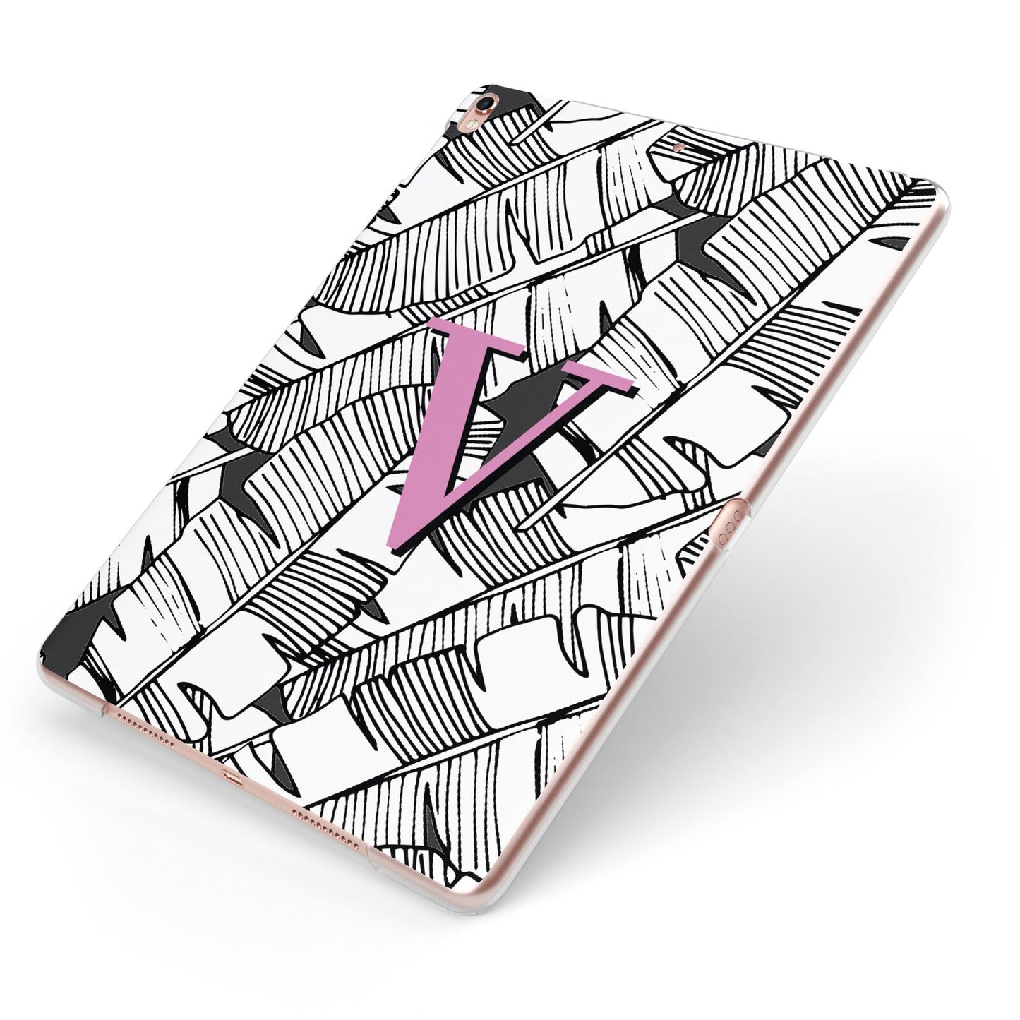 Personalised Monochrome Monstera Pink Initial Apple iPad Case on Rose Gold iPad Side View