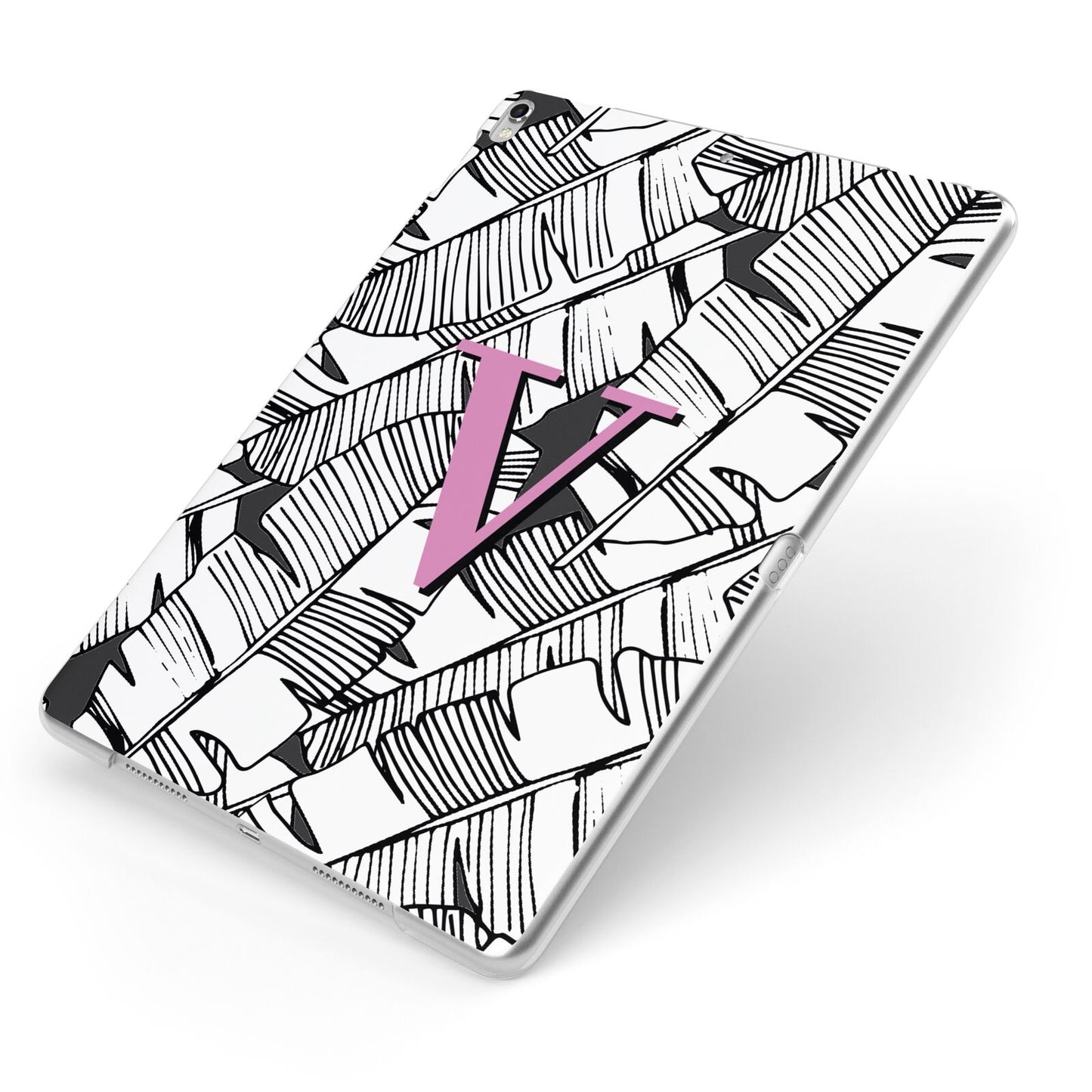 Personalised Monochrome Monstera Pink Initial Apple iPad Case on Silver iPad Side View