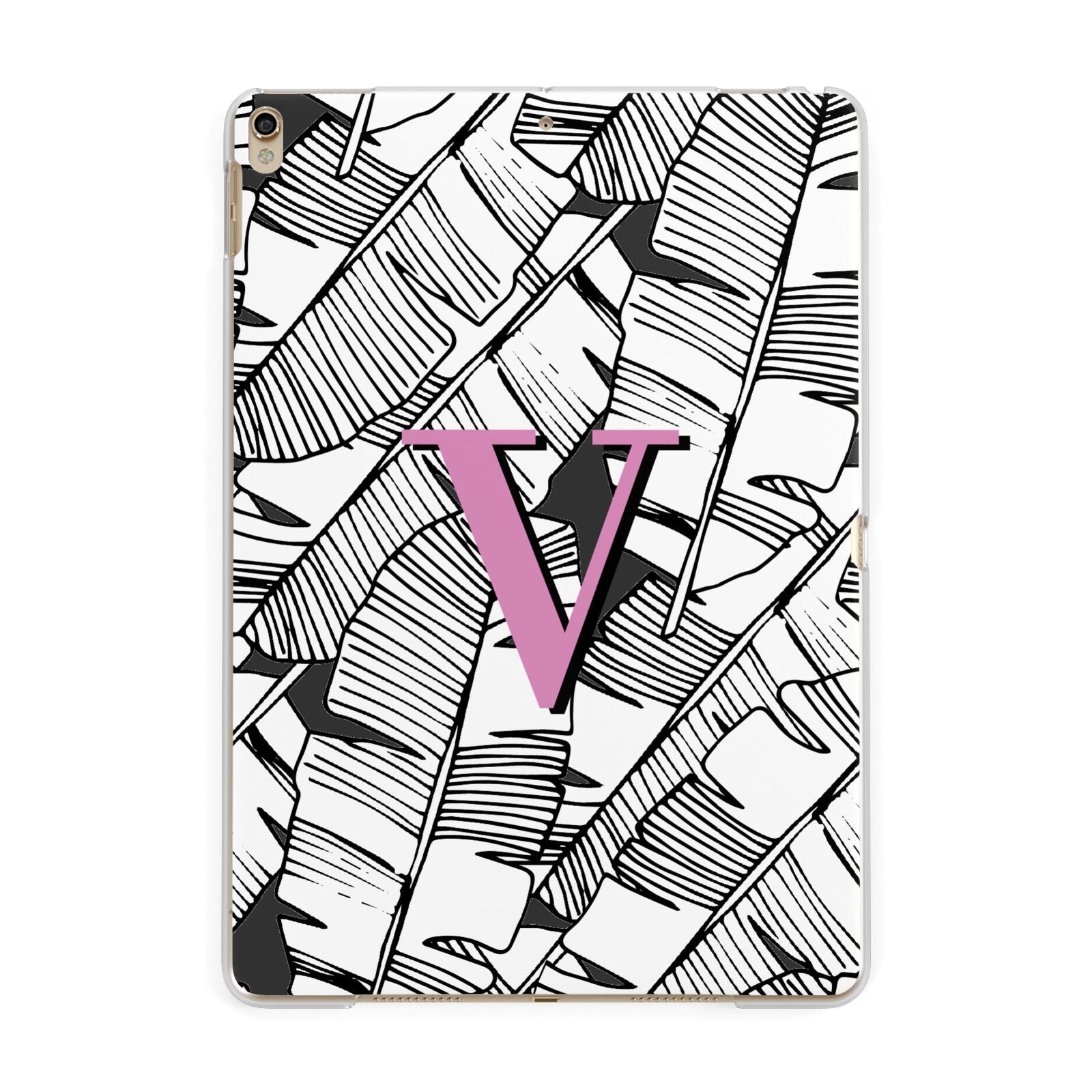 Personalised Monochrome Monstera Pink Initial Apple iPad Gold Case