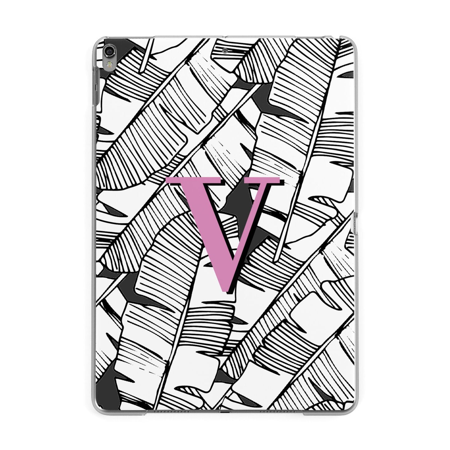 Personalised Monochrome Monstera Pink Initial Apple iPad Grey Case