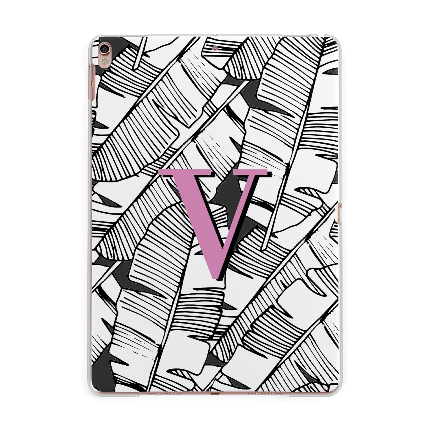 Personalised Monochrome Monstera Pink Initial Apple iPad Rose Gold Case