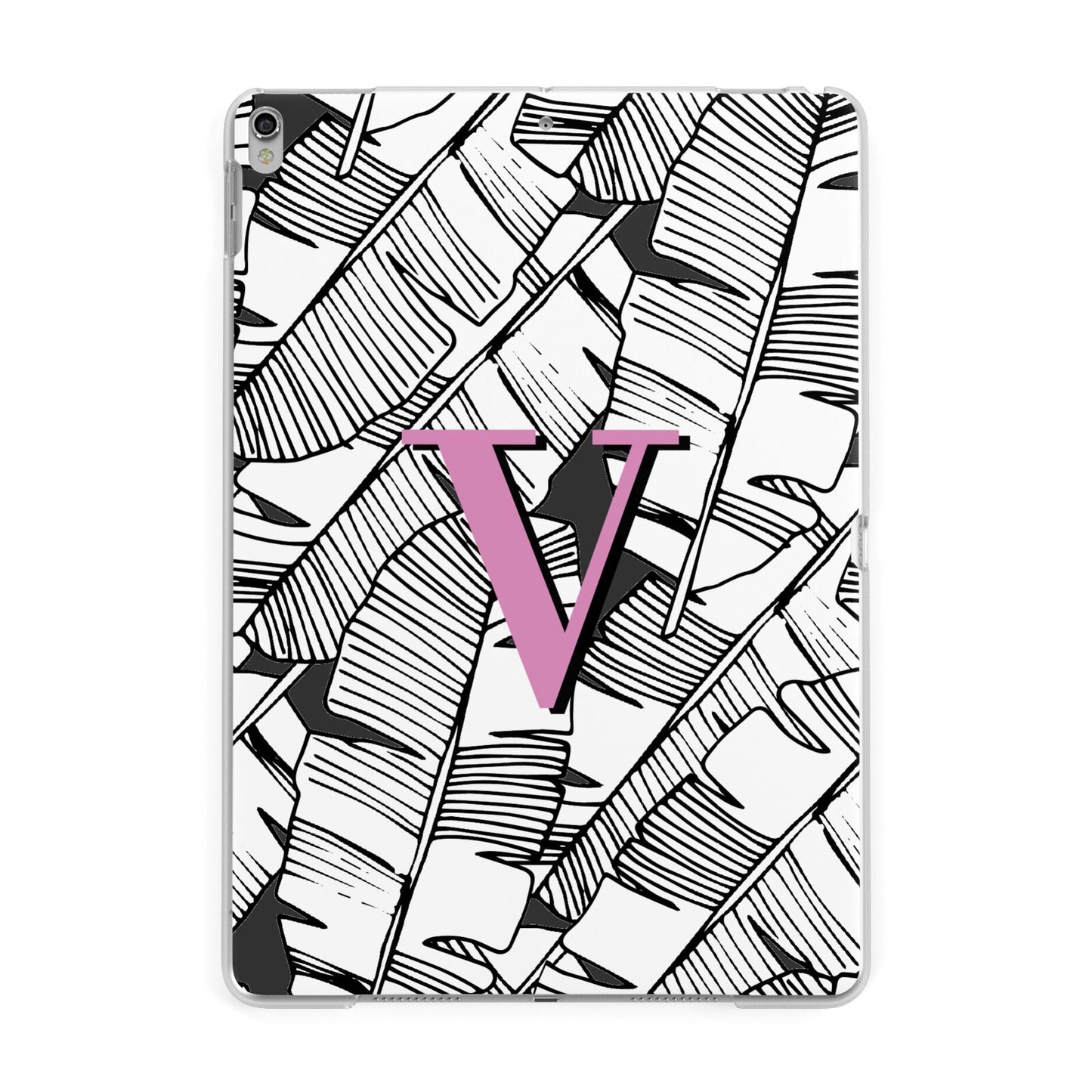 Personalised Monochrome Monstera Pink Initial Apple iPad Silver Case