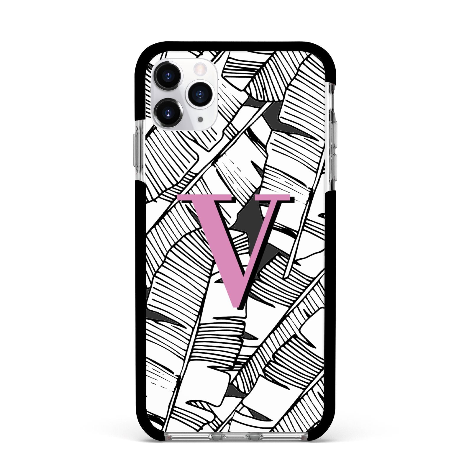 Personalised Monochrome Monstera Pink Initial Apple iPhone 11 Pro Max in Silver with Black Impact Case