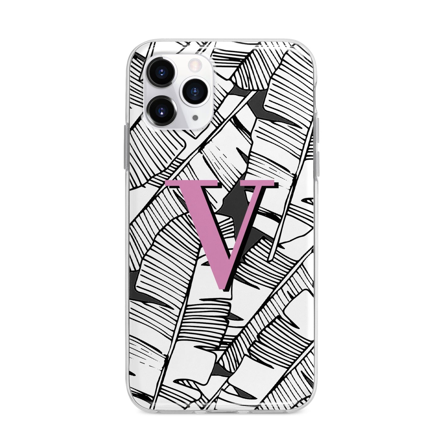 Personalised Monochrome Monstera Pink Initial Apple iPhone 11 Pro Max in Silver with Bumper Case