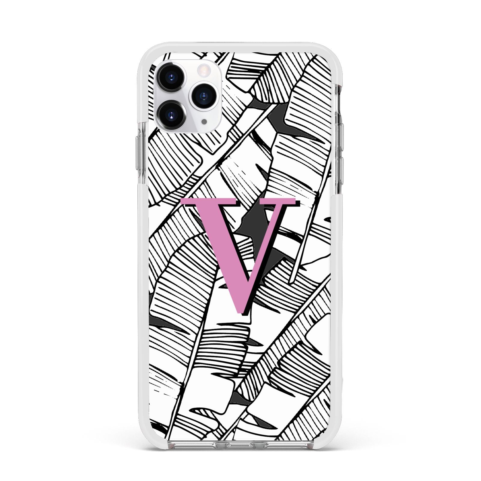 Personalised Monochrome Monstera Pink Initial Apple iPhone 11 Pro Max in Silver with White Impact Case