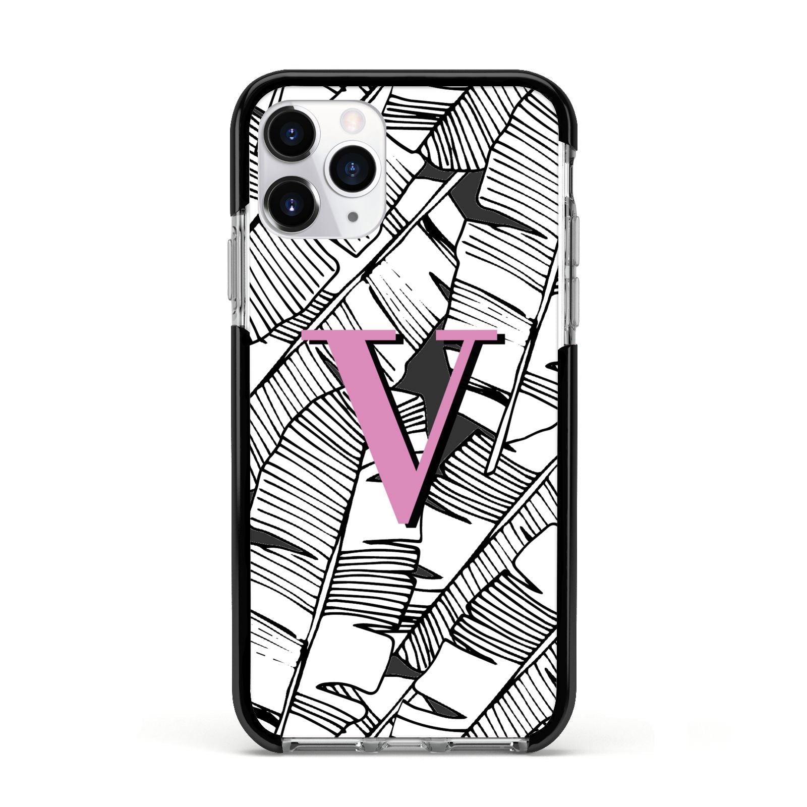 Personalised Monochrome Monstera Pink Initial Apple iPhone 11 Pro in Silver with Black Impact Case