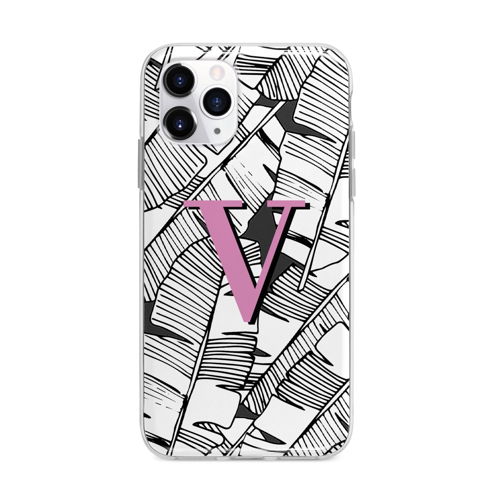 Personalised Monochrome Monstera Pink Initial Apple iPhone 11 Pro in Silver with Bumper Case