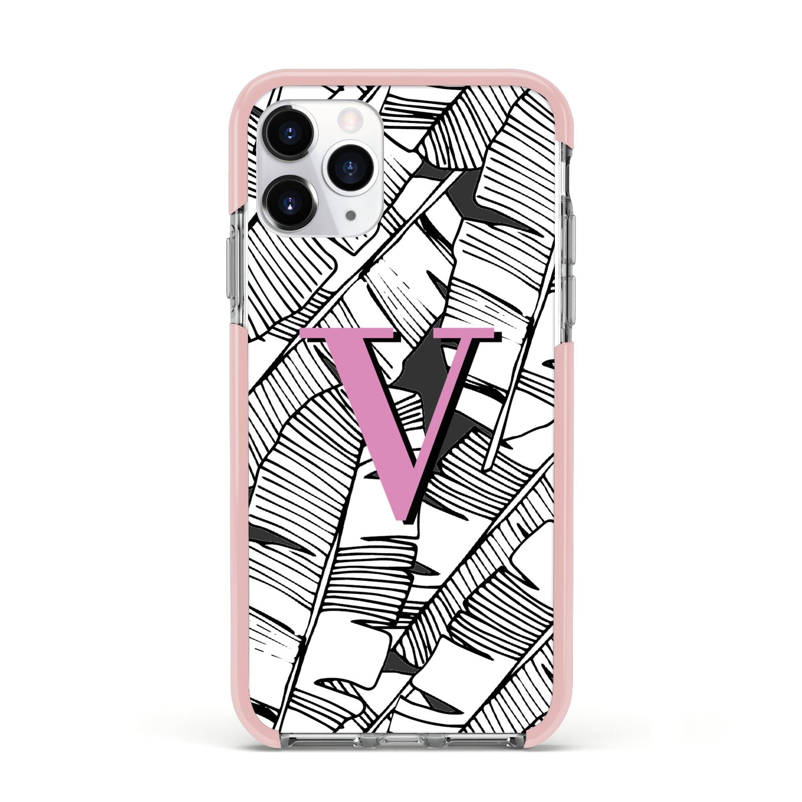 Personalised Monochrome Monstera Pink Initial Apple iPhone 11 Pro in Silver with Pink Impact Case