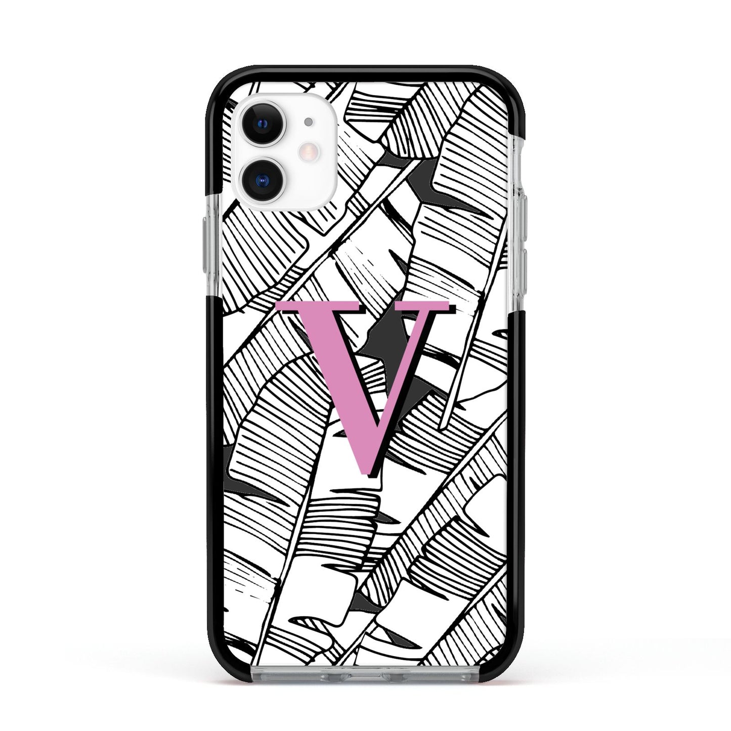 Personalised Monochrome Monstera Pink Initial Apple iPhone 11 in White with Black Impact Case