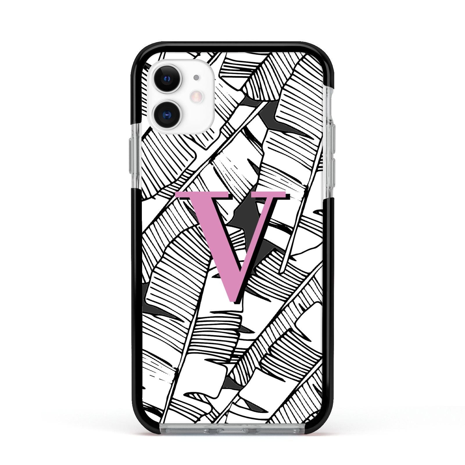 Personalised Monochrome Monstera Pink Initial Apple iPhone 11 in White with Black Impact Case