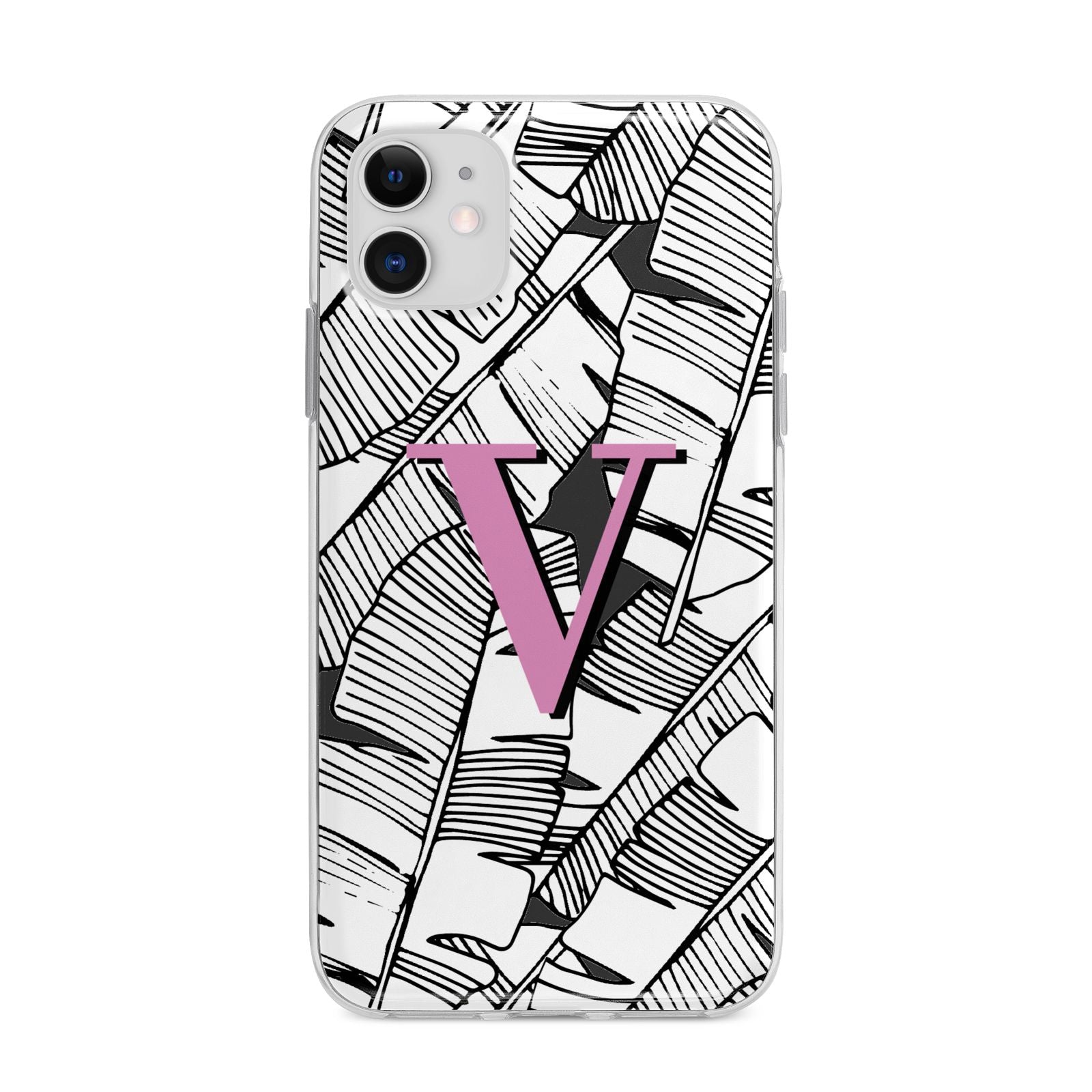 Personalised Monochrome Monstera Pink Initial Apple iPhone 11 in White with Bumper Case