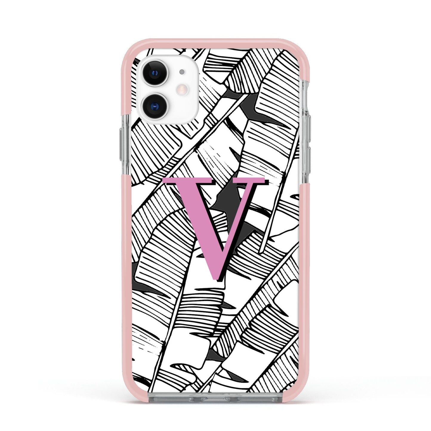 Personalised Monochrome Monstera Pink Initial Apple iPhone 11 in White with Pink Impact Case