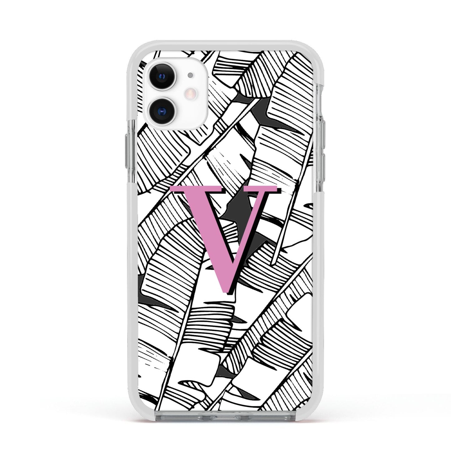 Personalised Monochrome Monstera Pink Initial Apple iPhone 11 in White with White Impact Case