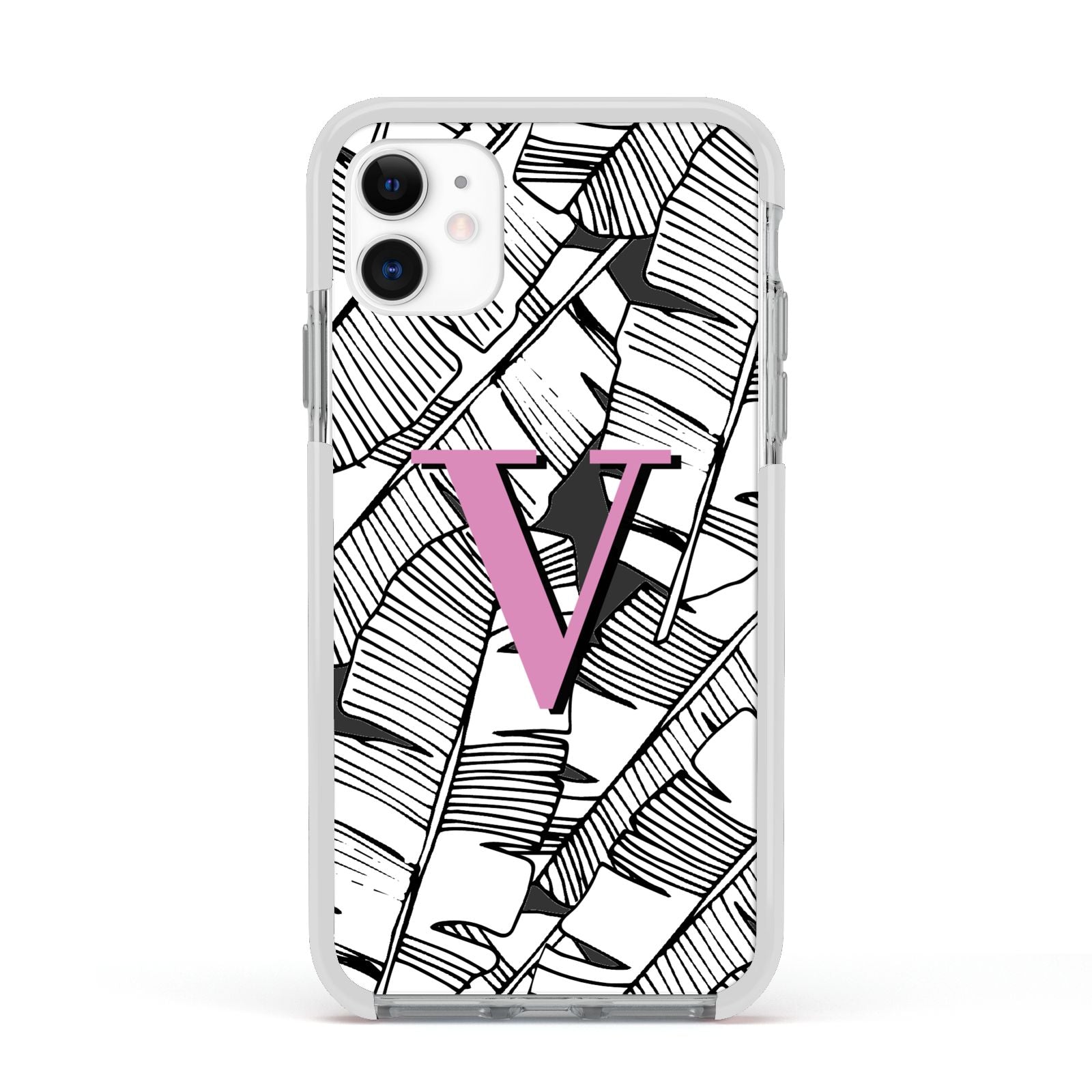 Personalised Monochrome Monstera Pink Initial Apple iPhone 11 in White with White Impact Case