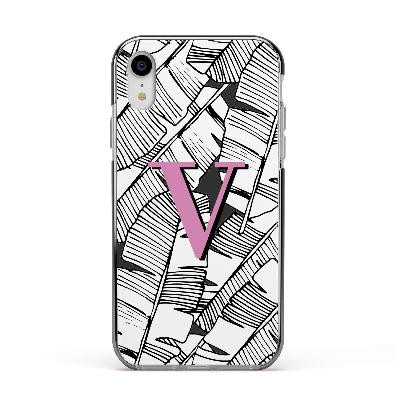 Personalised Monochrome Monstera Pink Initial Apple iPhone XR Impact Case Black Edge on Silver Phone