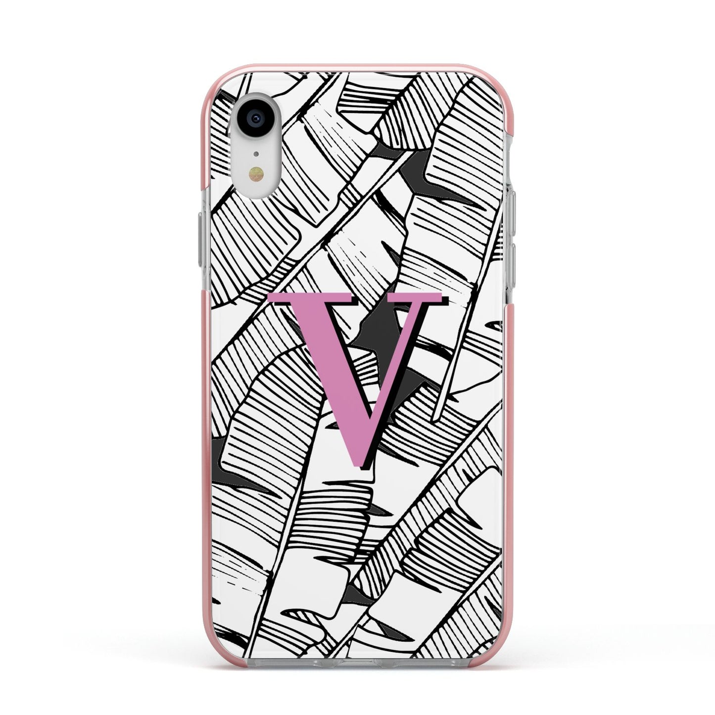 Personalised Monochrome Monstera Pink Initial Apple iPhone XR Impact Case Pink Edge on Silver Phone