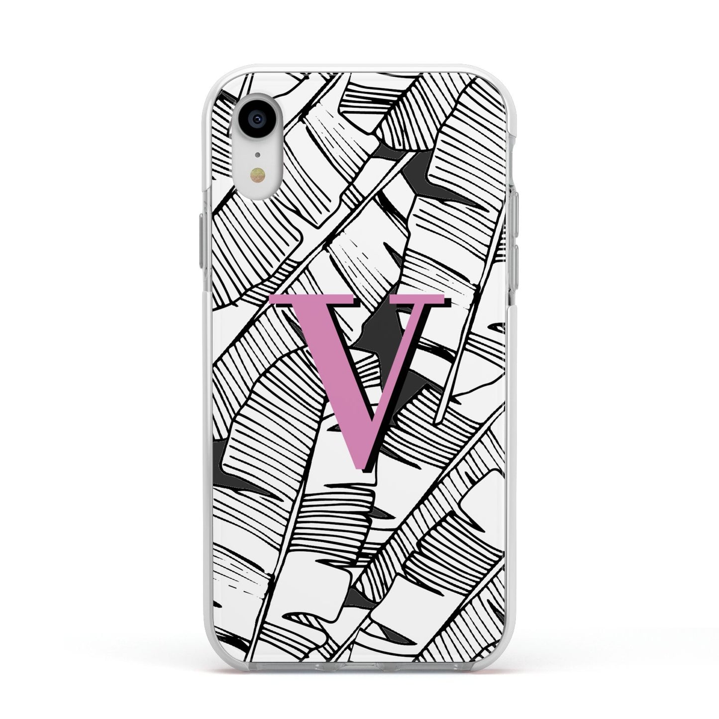 Personalised Monochrome Monstera Pink Initial Apple iPhone XR Impact Case White Edge on Silver Phone