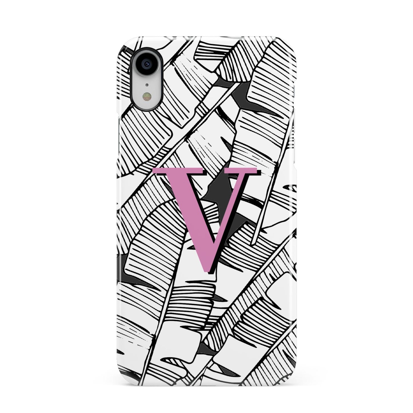 Personalised Monochrome Monstera Pink Initial Apple iPhone XR White 3D Snap Case